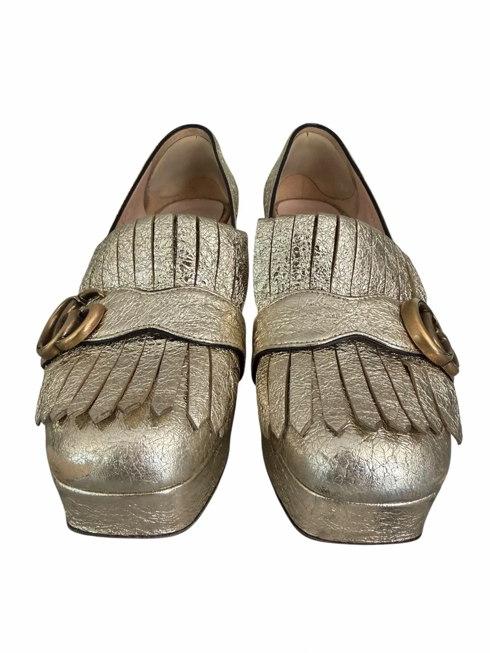 Gucci Gold Leather Galassia Platino Marmont  GG Platform Block Heels Size 37.5